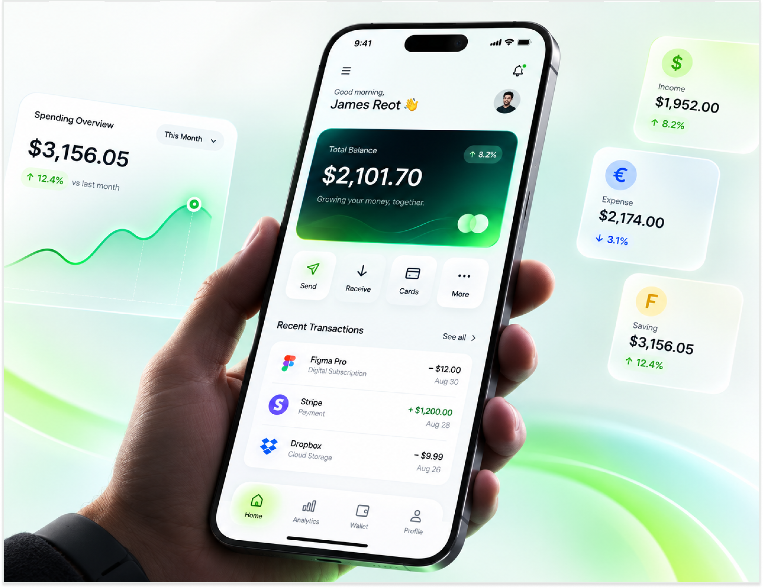 FlowBank mobile banking app interface showing balance and transactions